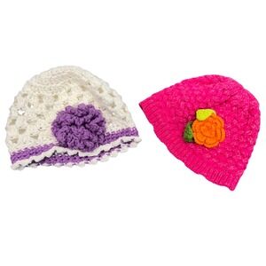 Lot of 2 Handknit Crochet Baby Girl Hats 0-6 Month Floral Beanie Cap Pink Purple